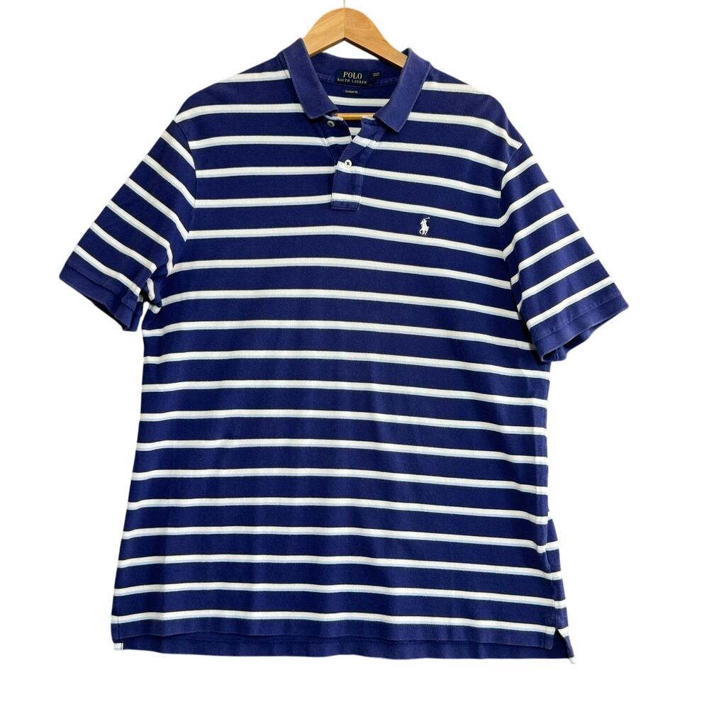 Polo‎ Ralph Lauren Mens Blue Striped Collared Short Sleeve Polo Shirt Size XL
